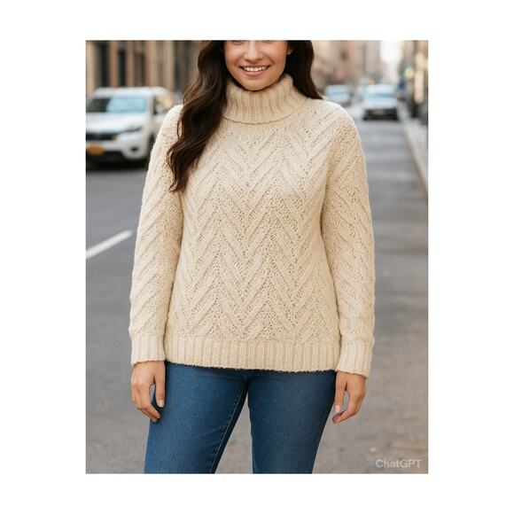Cream Chunky Turtleneck Sweater Cable Knit Oversized Cozy Pullover Fisherman - Picture 1 of 8
